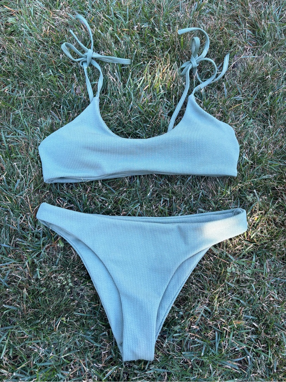 Zaful Light Sage Green Ribbed Tie-Shoulder Bikini